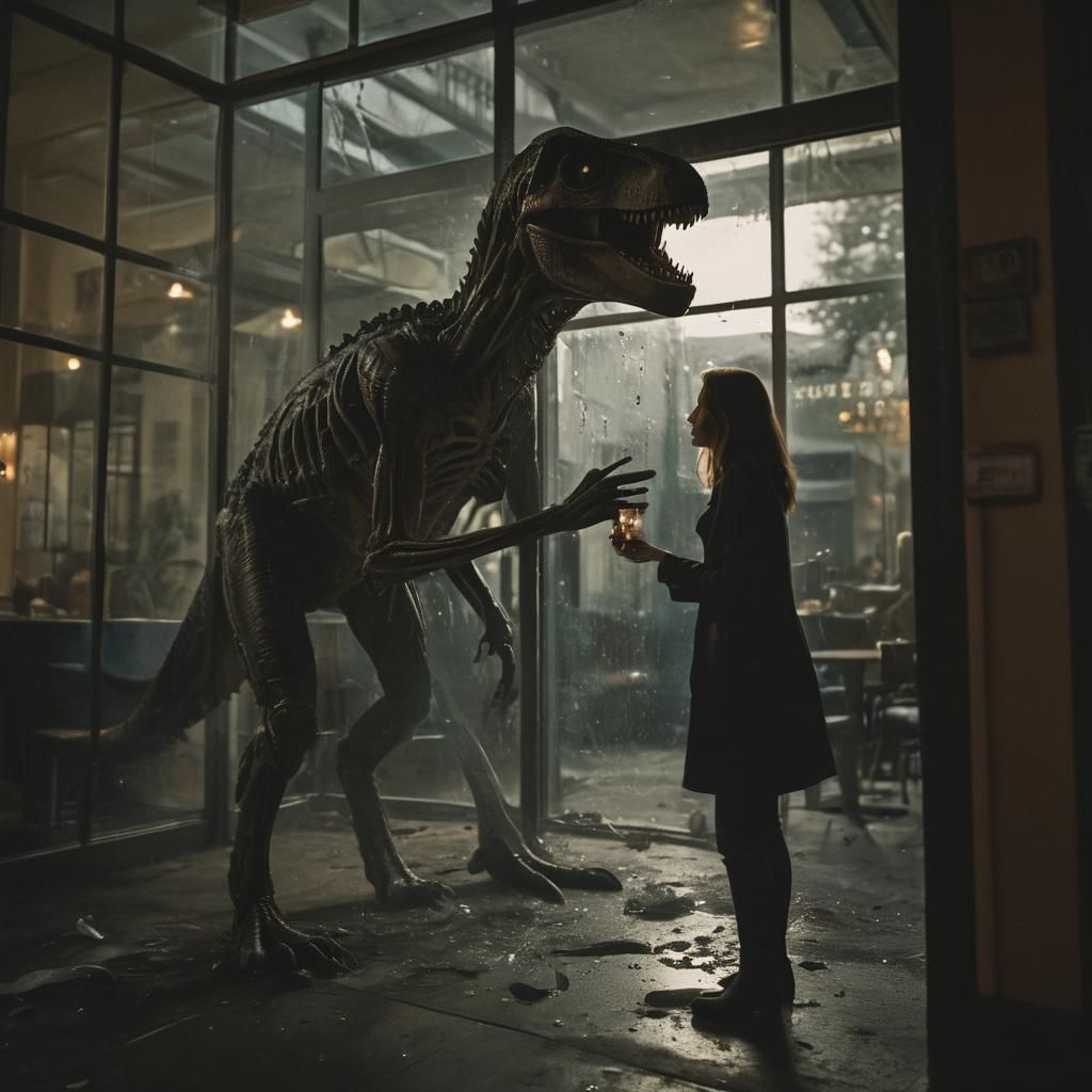 Alien Steals Coffee in Cinematic Film Still