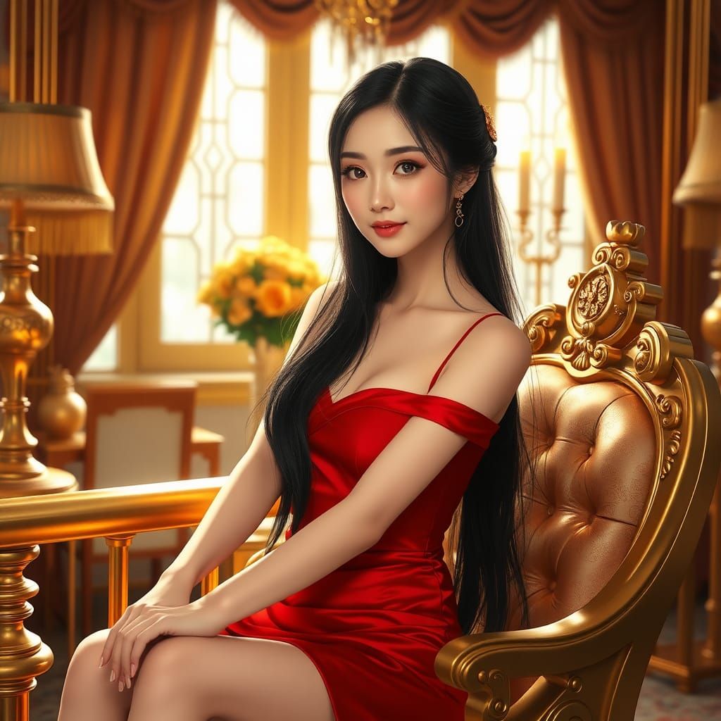 Japanese Girl on Gold Bars with Luxurious Decor