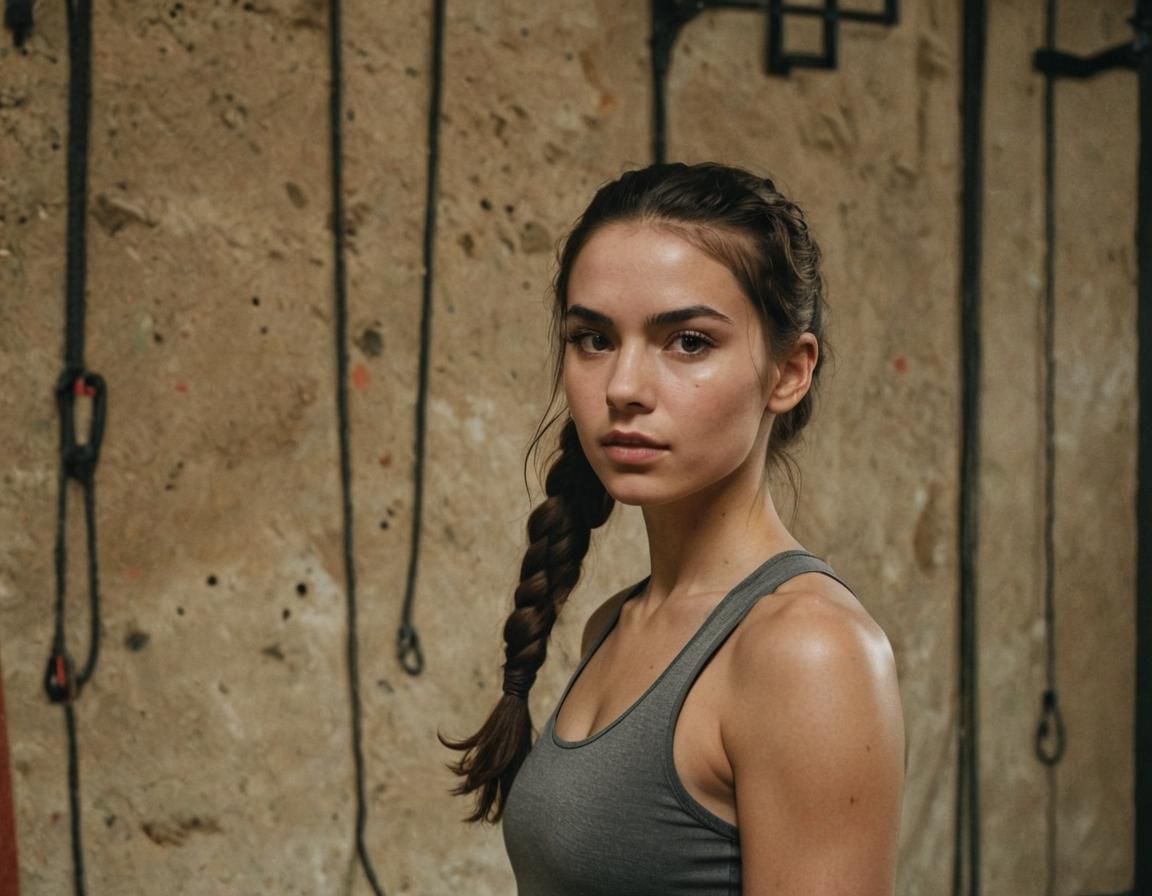 Young Woman Climbs in Cinematic Climbing Gym Scene