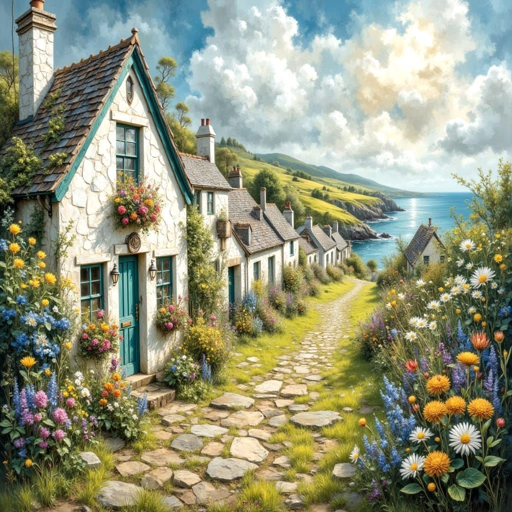 Irish Cottages Overlooking Sea in Mixed Media Style