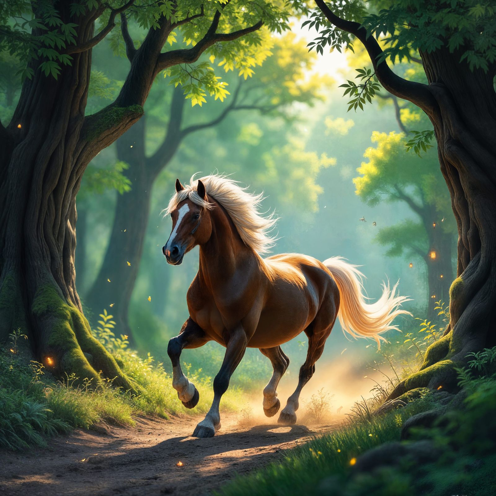 Galloping Stallion in Enchanted Forest Storybook Style