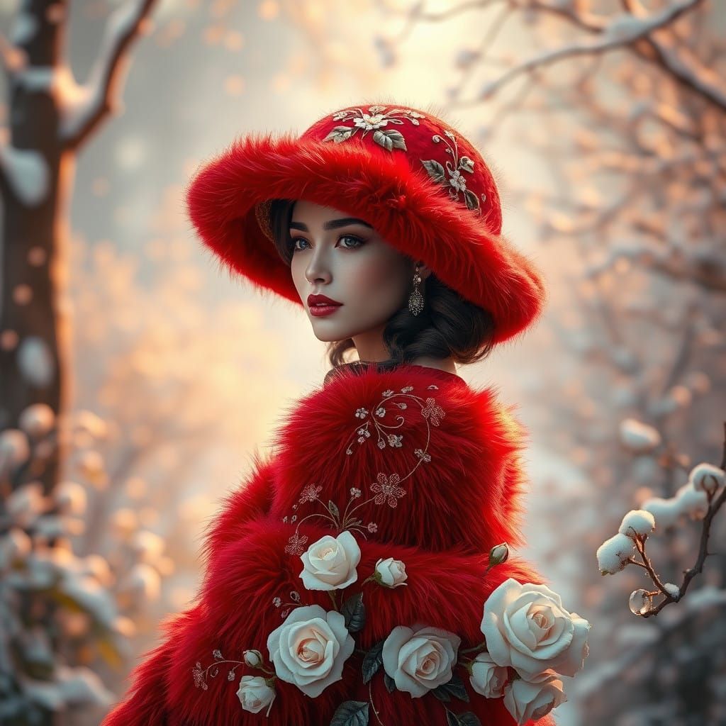 Ethereal Winter Goddess in Red Velvet Gown