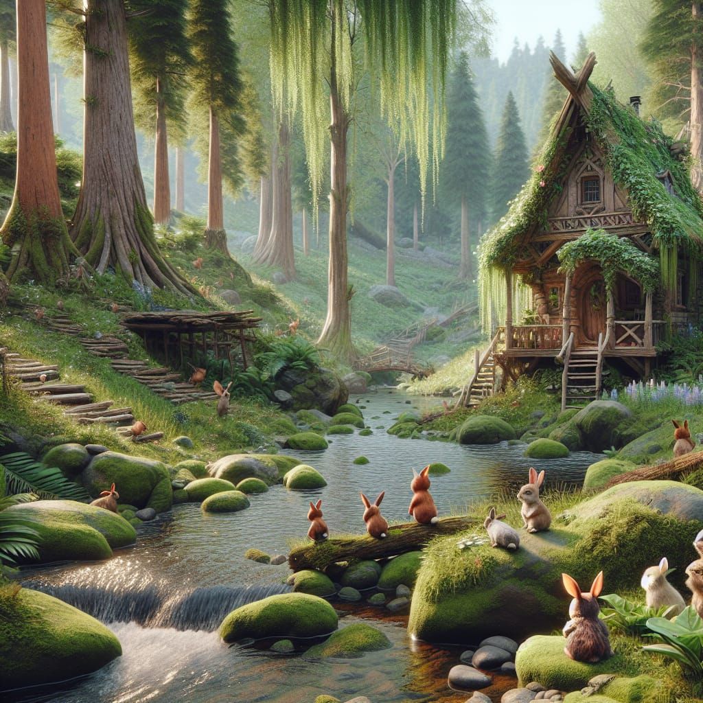 Lush Forest Scene with Witch's Hut in Matte Painting Style