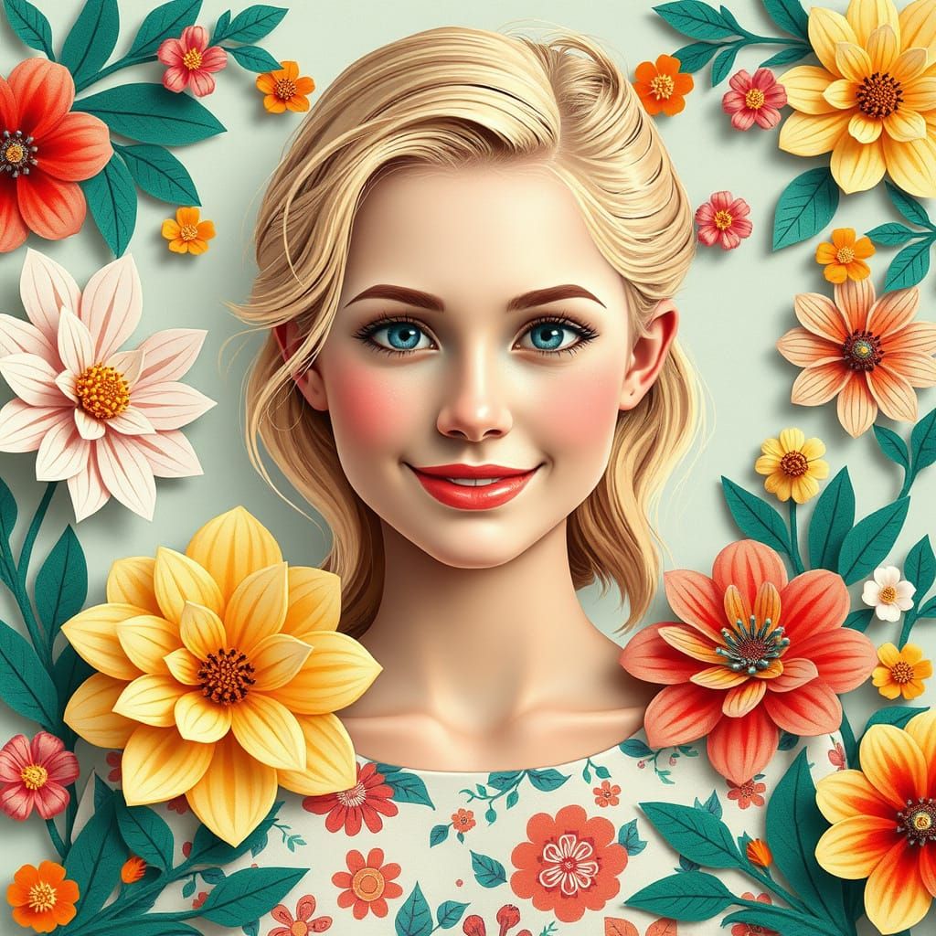 Folk Art Portrait of a Smiling Young Woman with Flowers