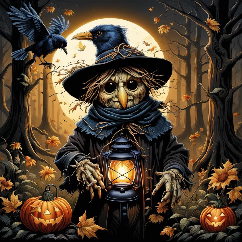 Anthropomorphic Scarecrow in Dark Forest, Fantasy Realism