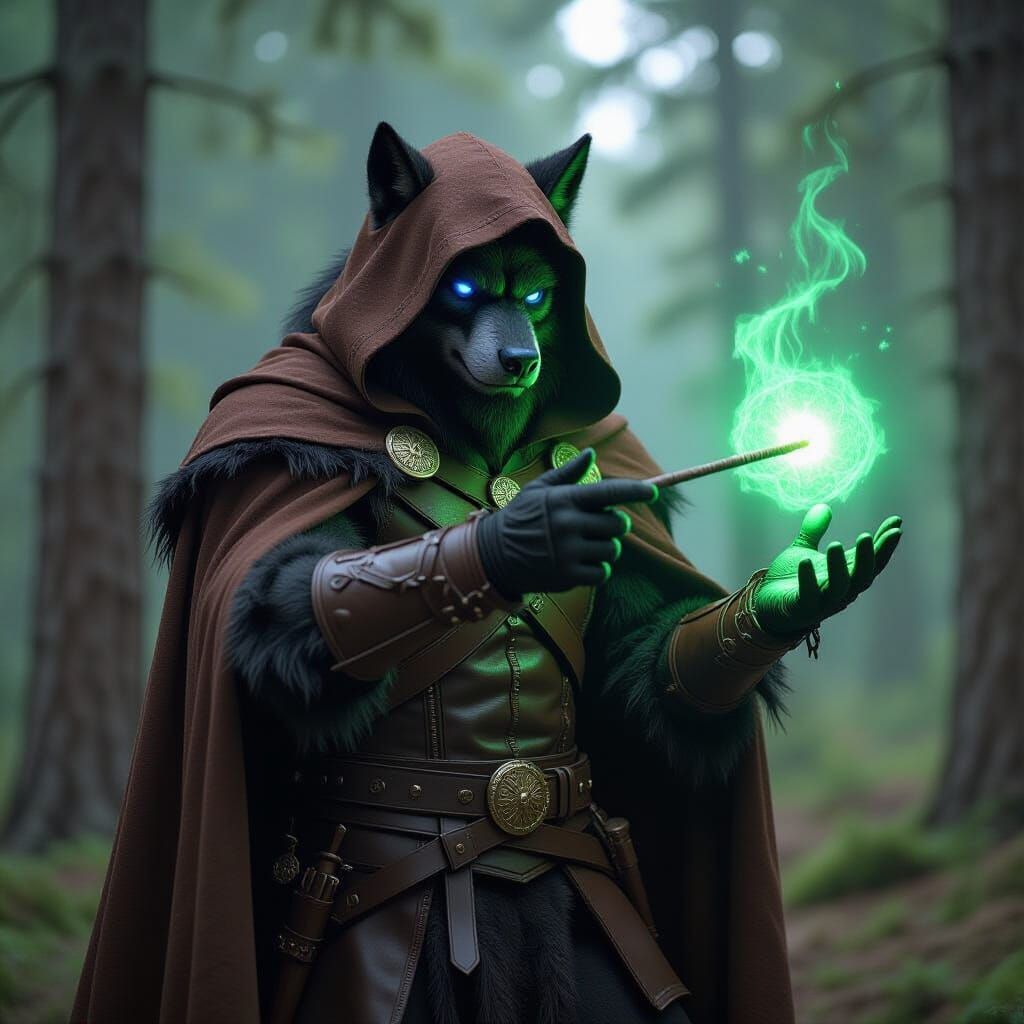 Imposing Werewolf Conjuring Magic in Forest Scene