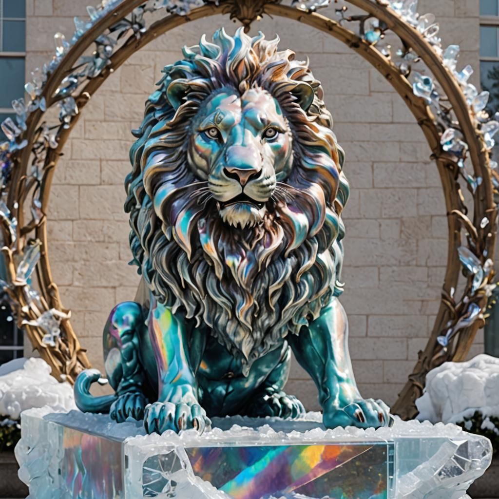(Large full size Lion statue made of iridescent ice. 1.5). S...