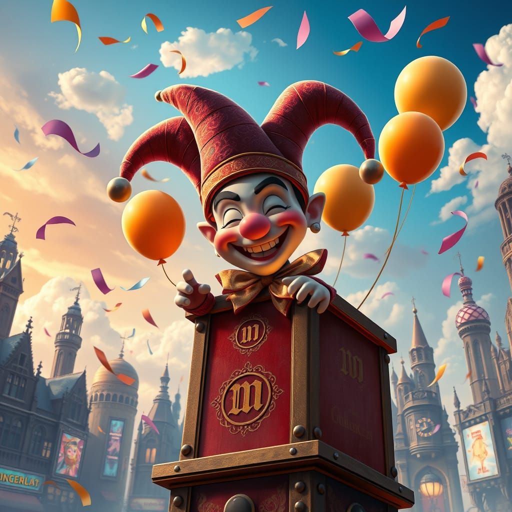 Whimsical Steampunk Cityscape with Jack-in-the-Box Jester