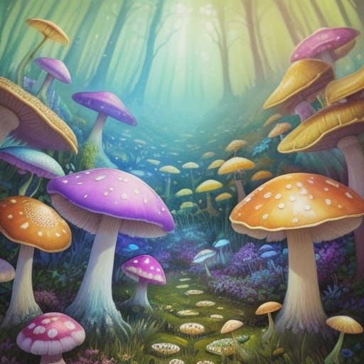 Whimsical Mushroom Realm in Dreamlike Watercolor