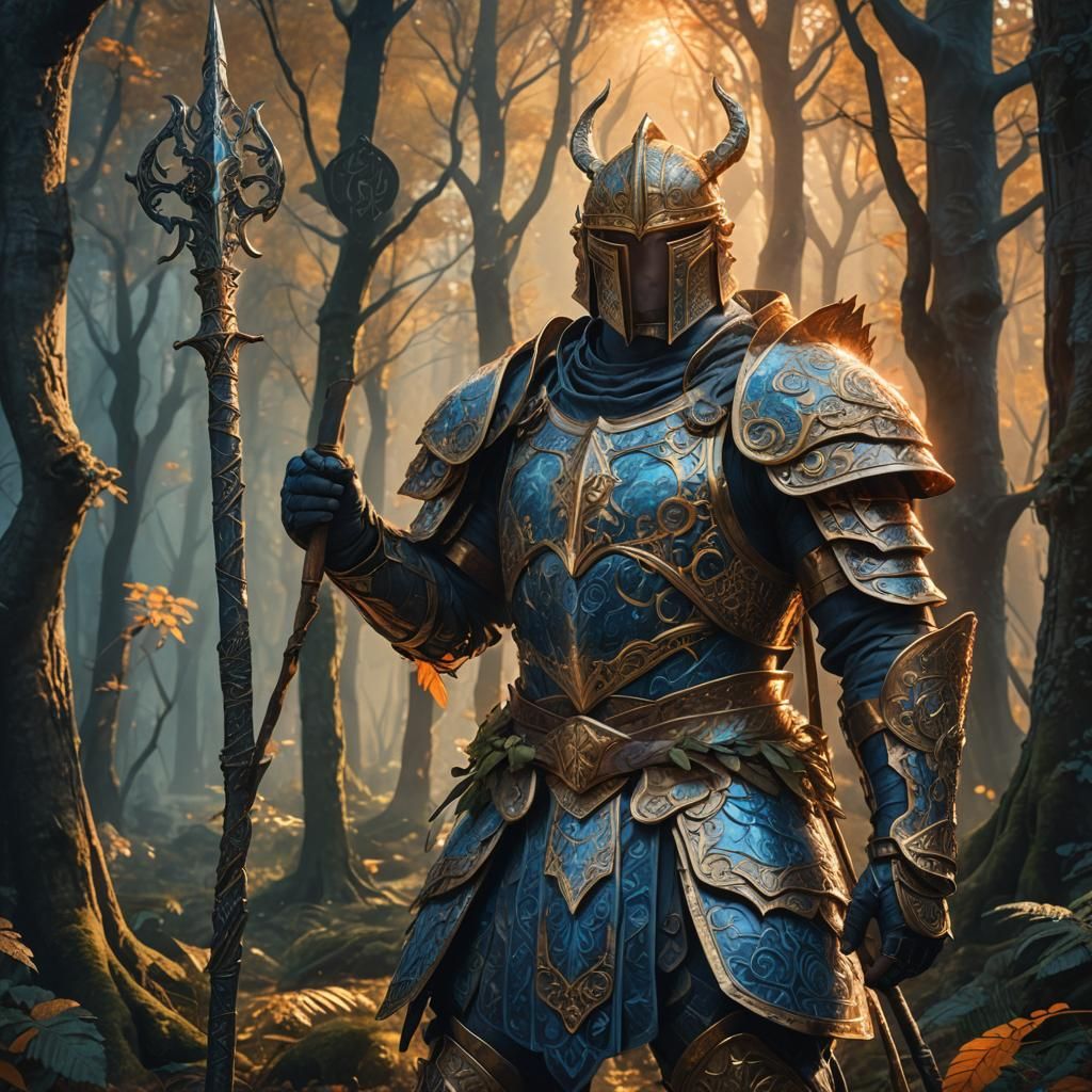 Armored Figure with Mystical Staff, Fantasy Concept Art