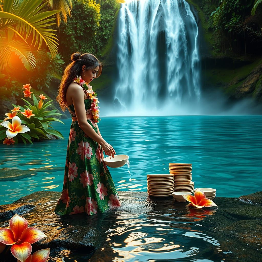 Woman Washing Dishes in a Hawaiian Waterfall Paradise
