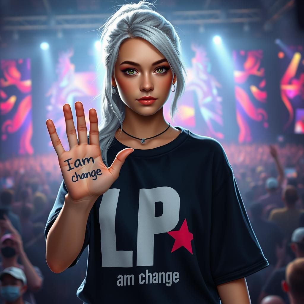 Young Woman Shines in Concert Glow with LP T-Shirt and Inspi...