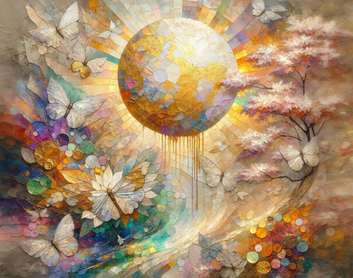 Post-Impressionistic Sun with Moths, Mokuhanga Style