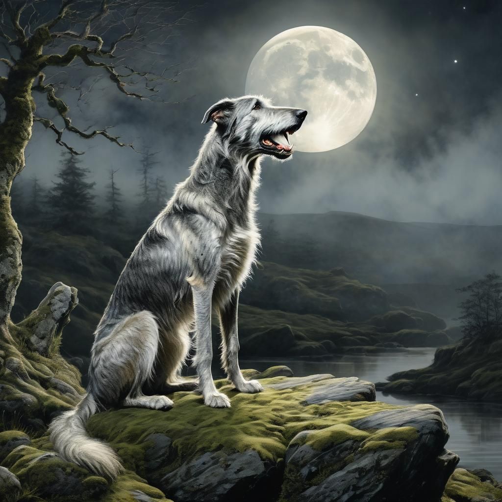 Silver Wolfhound Howling at Moon, Dreamlike Illustration