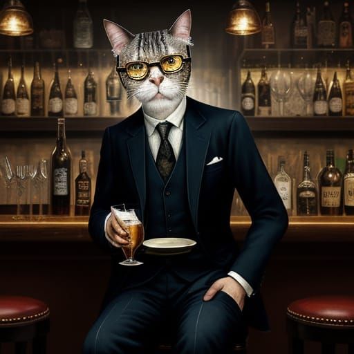 Surreal Cat in a Smoky Bar, Inspired by Magritte and Blake