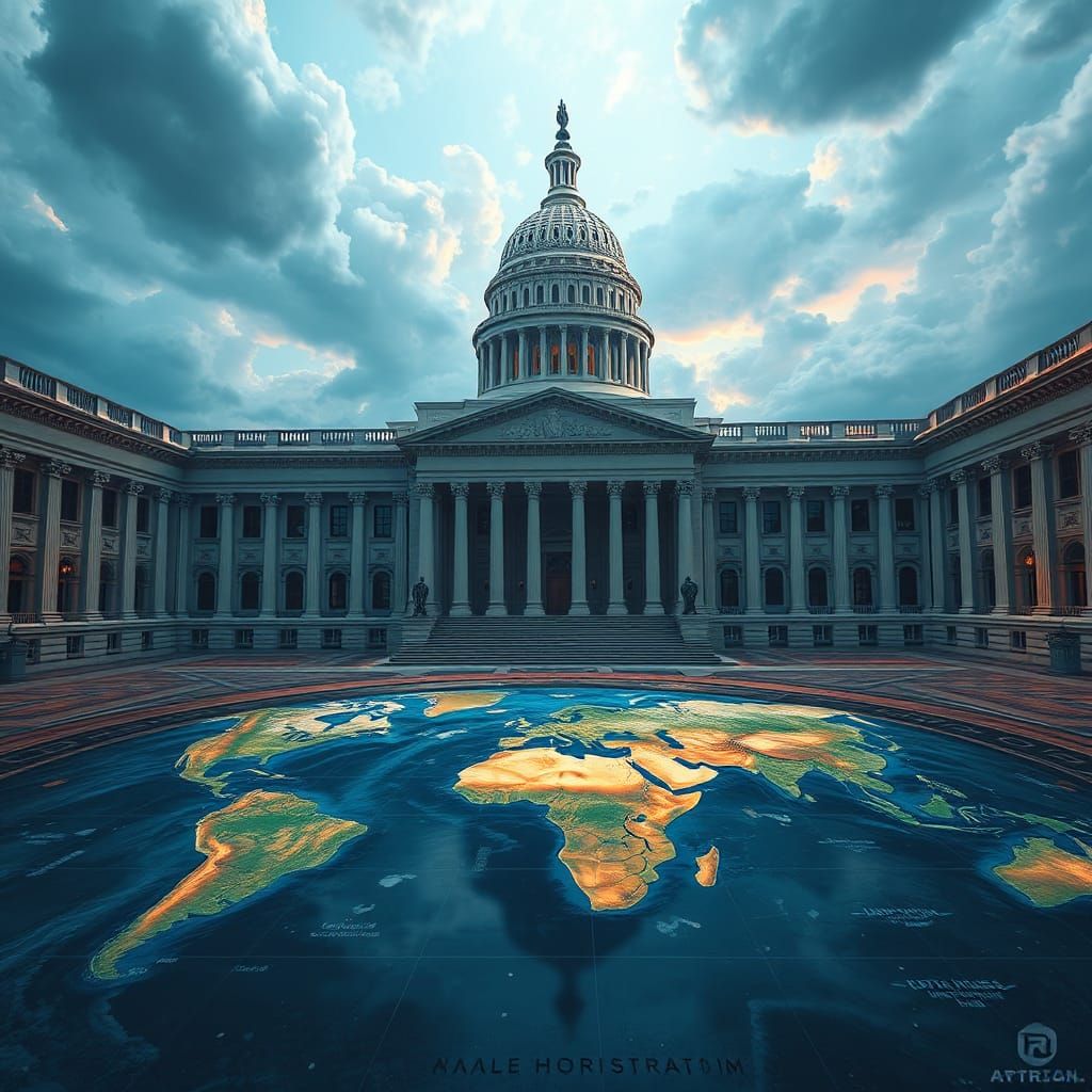 Government Building Interior with Earth Map