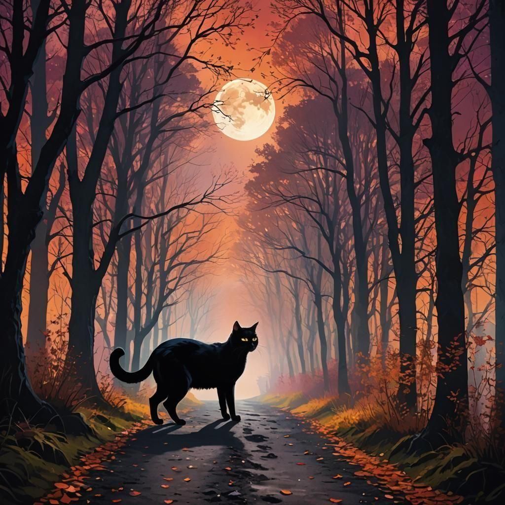 Black Cat Silhouette Crossing Forest Trail
