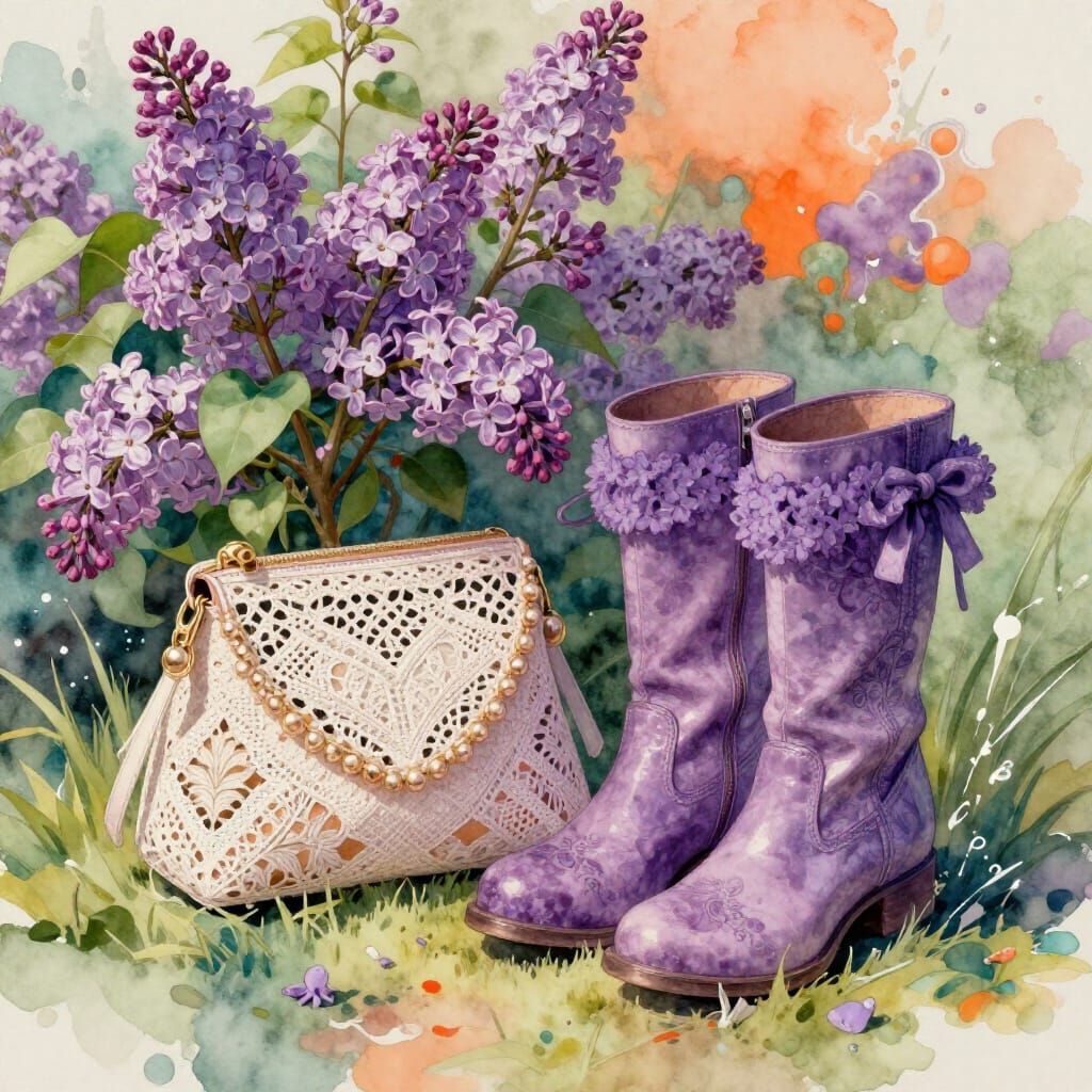 Lilac Boots and Purse in Garden, Watercolor Concept Art