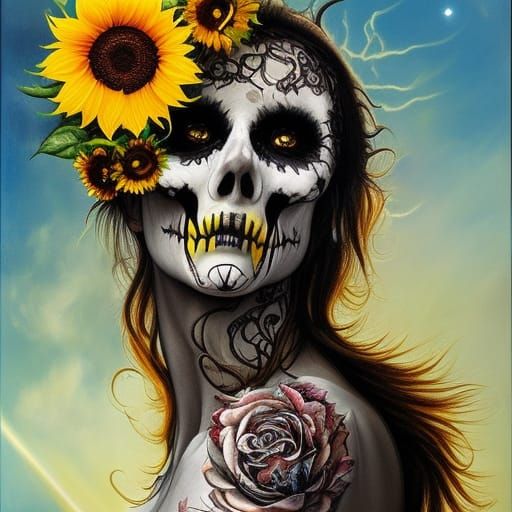 Dark Fantasy Sunflower Skull Under Solar Eclipse