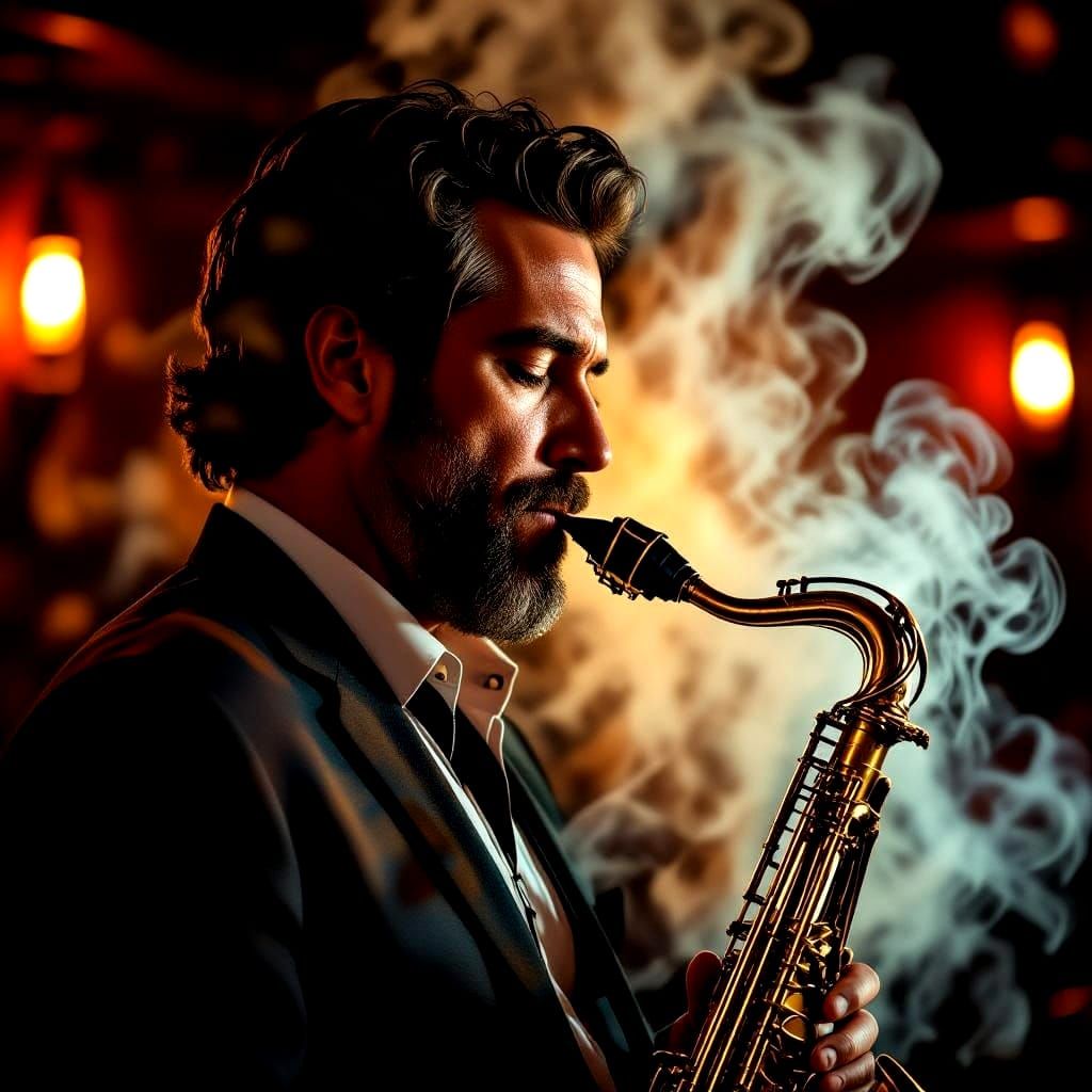 Soulful Jazz Portrait in Dreamlike Double Exposure