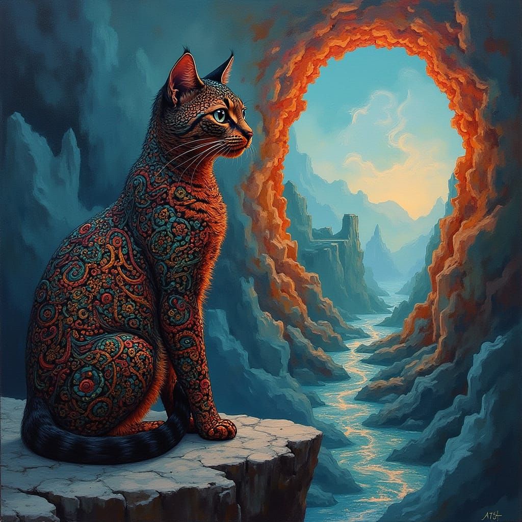 Mystical Cat Guarding Portal in Cubist Style