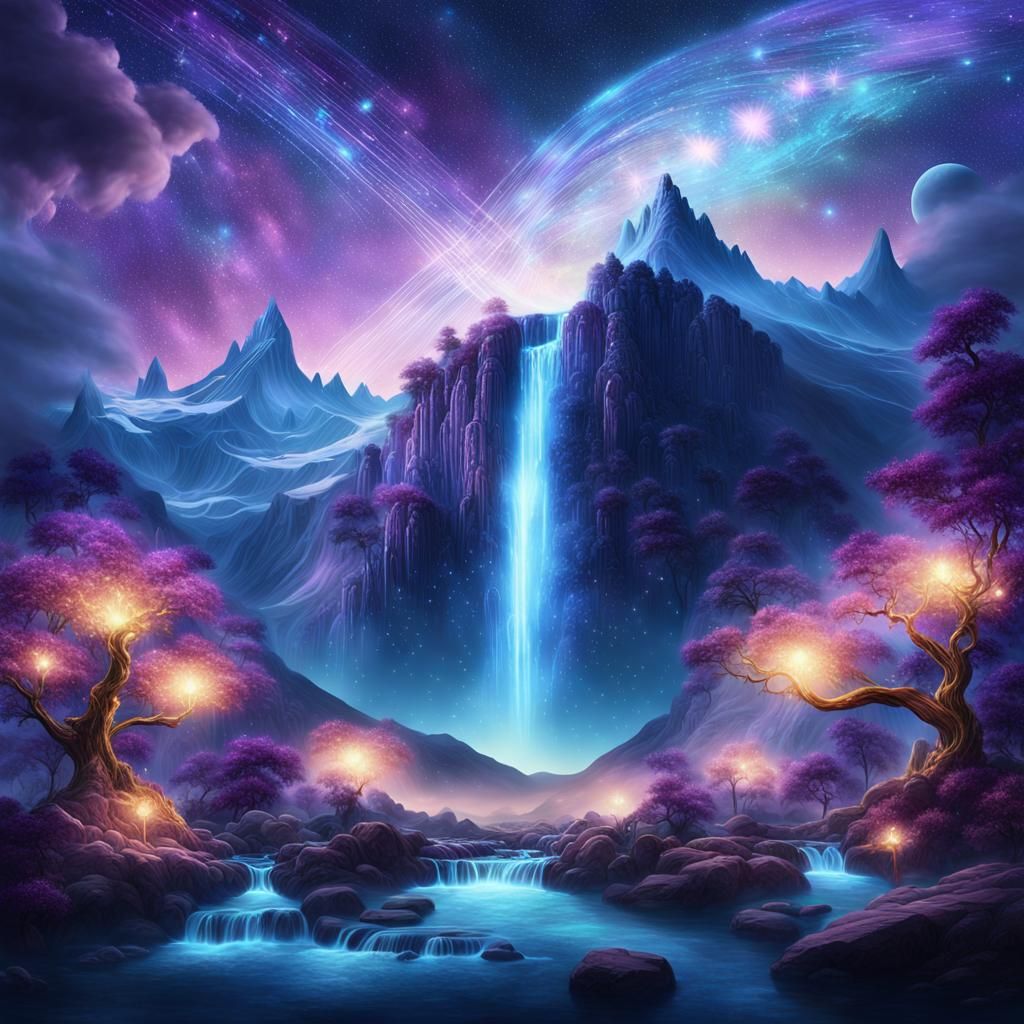 Surreal Fantasy Landscape with Glowing Waterfall of Starligh...