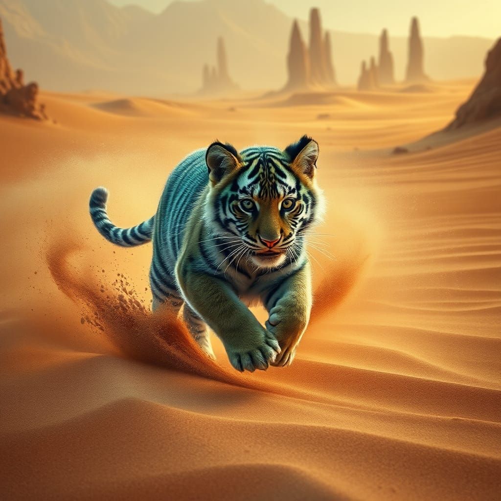 Magical Tiger Cub Runs Through Desert Sandstorm