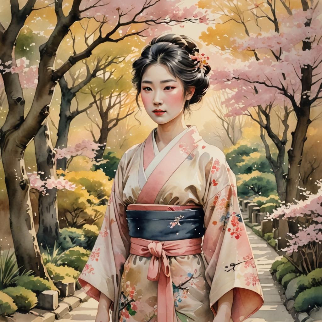 Greta in Kimono: Vintage Watercolor Japanese Garden