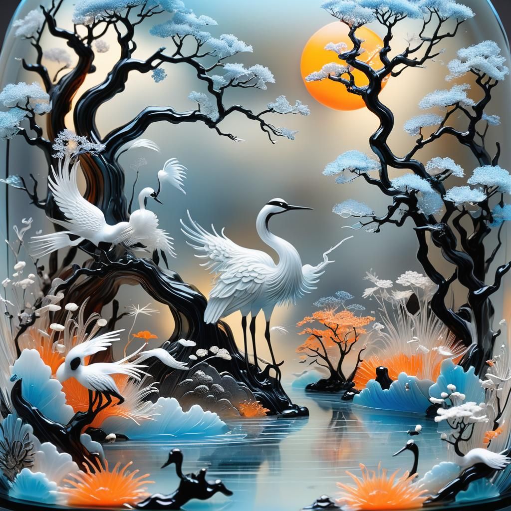 Paisaje Chino de grullas