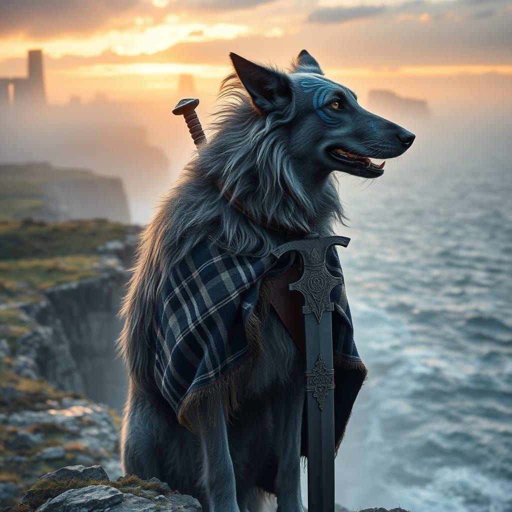 Ethereal Irish Wolfhound Warrior on Cliffside, Celtic Herita...