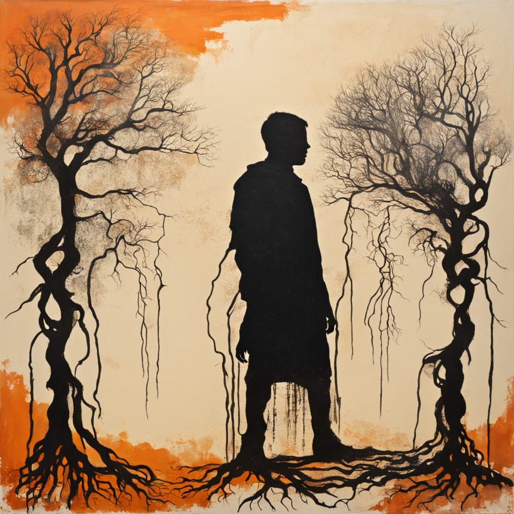 Ethereal Figure with Roots in Vibrant Oil Paint