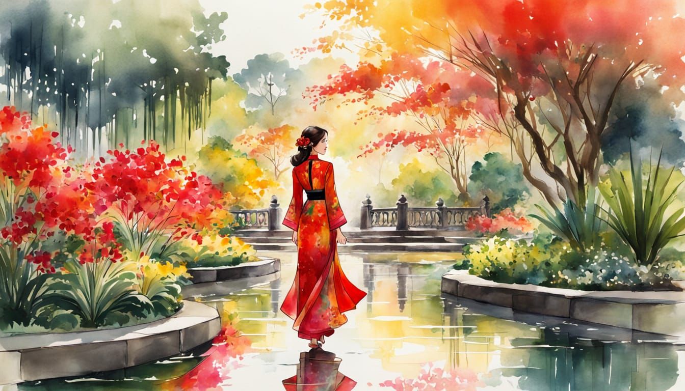 Ao Dai Girl in Botanical Garden: Ink and Watercolor