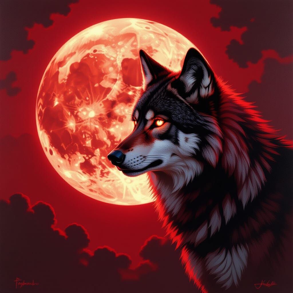 Crimson Wolf Stares at Luminous Moon in Moody Oil Painting
