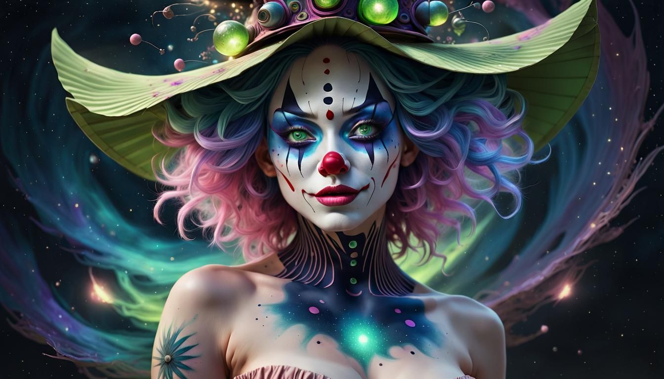 Surreal Kabuki Clown Digital Art with Fireflies