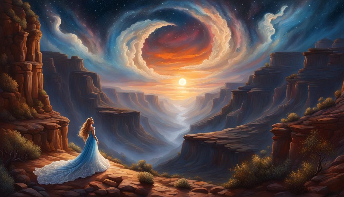 Dancing Cloud Girl in Moonlit Canyon Painting