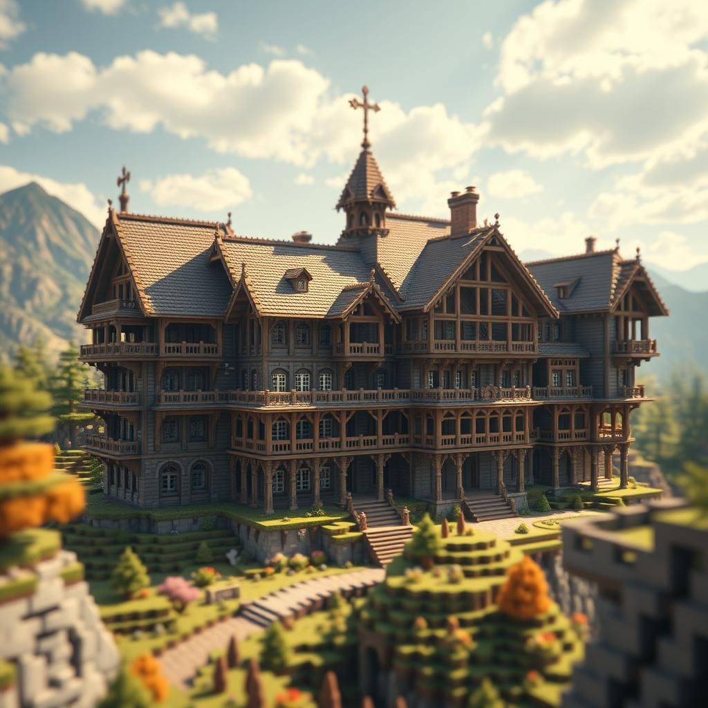 Majestic Multistoried Medieval Minecraft House in Sunlight