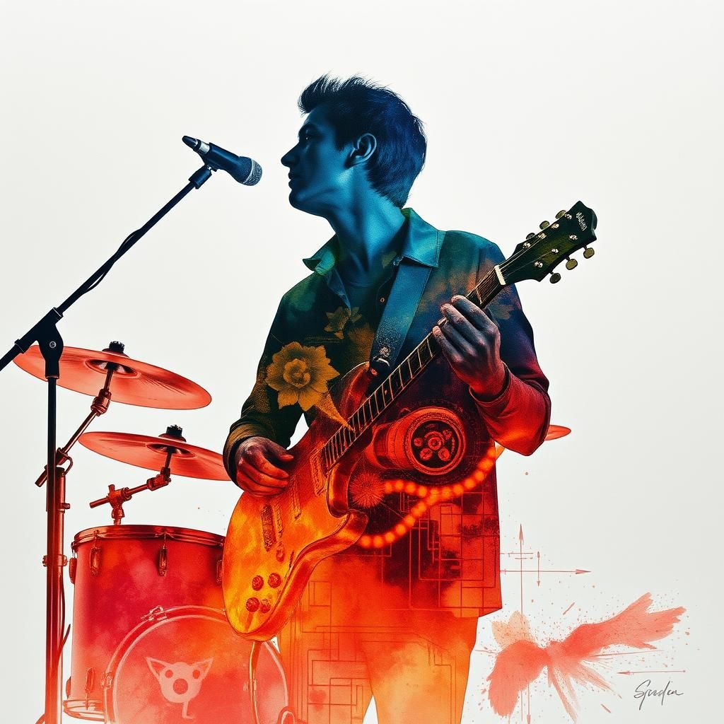 Silhouette Musician in Steampunk Double Exposure Style