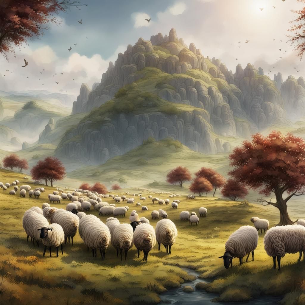 Sheep Grazing in Watercolor Style