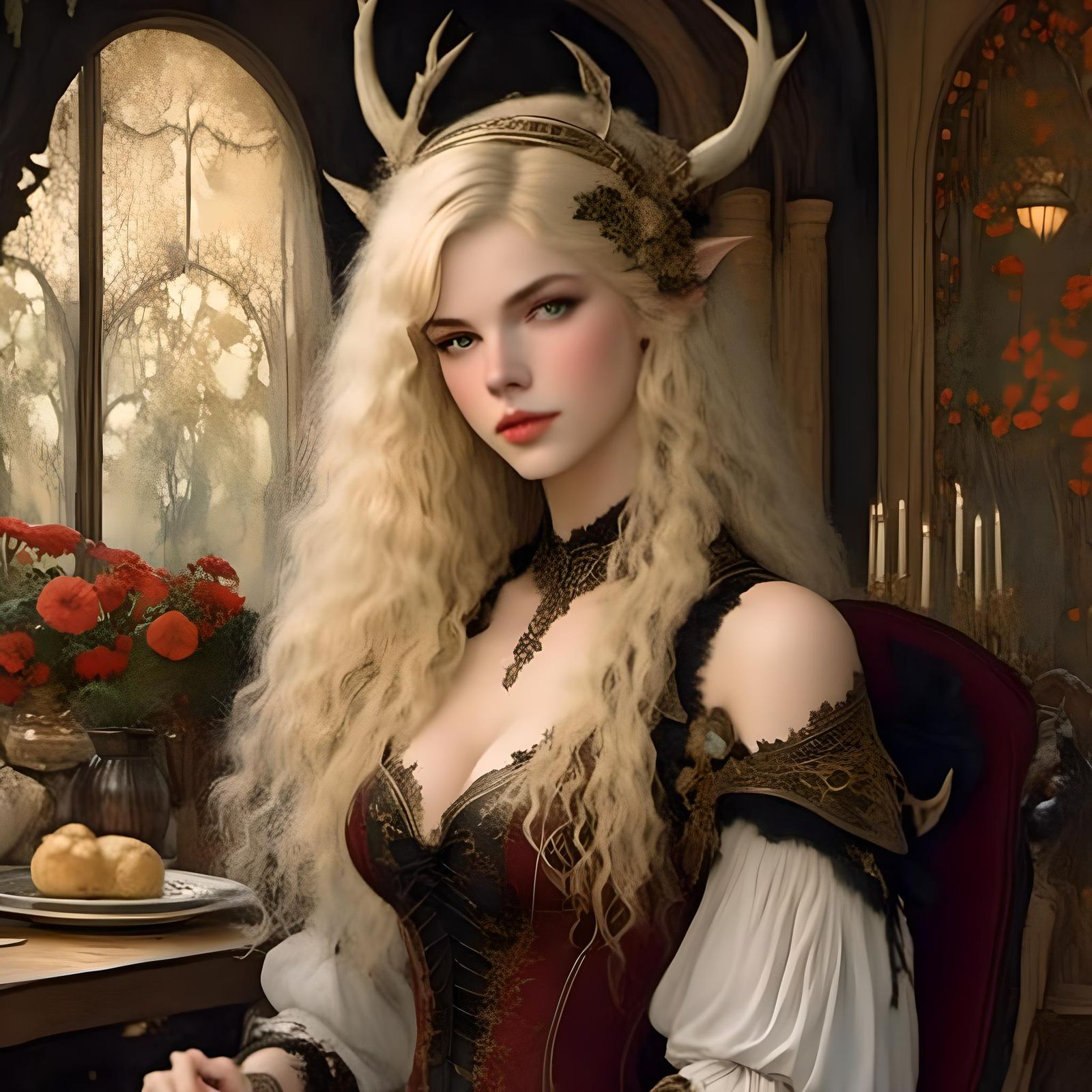 Young Woman with Antlers in Dining Room