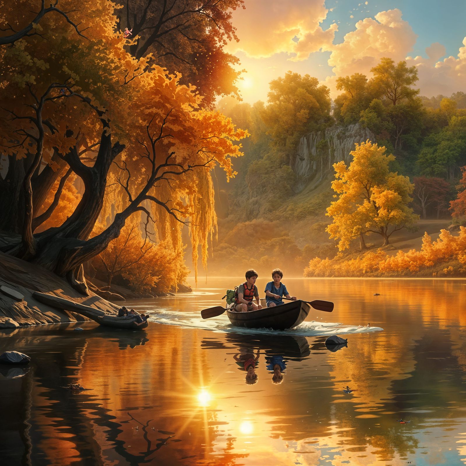 Boys Rafting on River in Hyperrealistic Splash Art Style