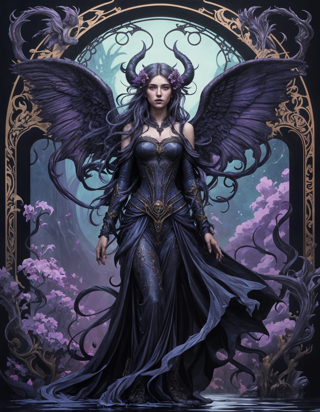 Art Nouveau Demon Lady with Black Wings in Dark Fantasy
