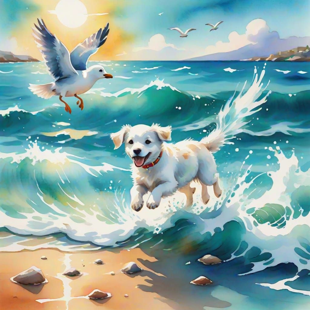 Whimsical Watercolor Illustration of Puppy Chasing Seagull