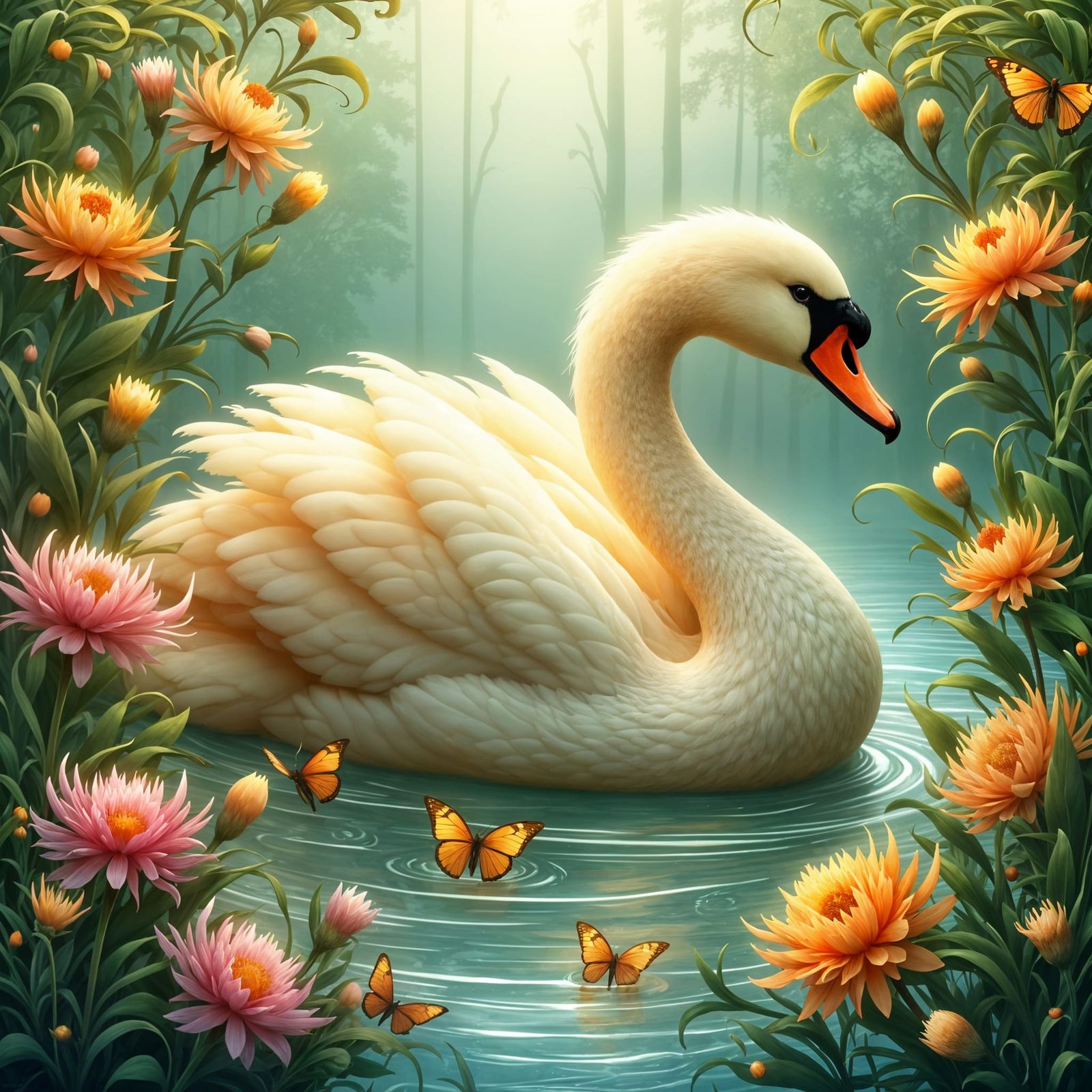 Swan in Misty Lake: Neo Art Nouveau Style