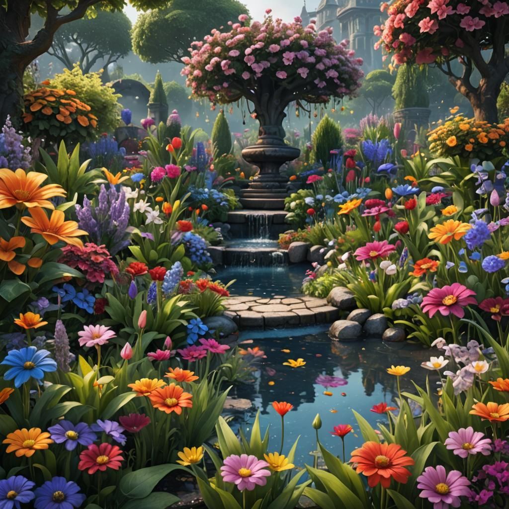 Colorful Flower Garden with Water Droplets