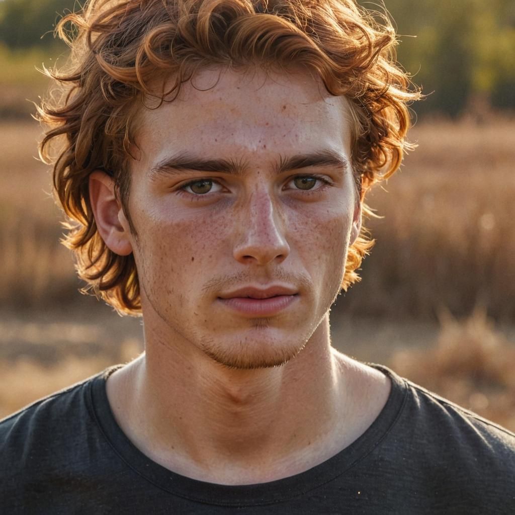 Hyperrealistic Portrait of Young Man in Field