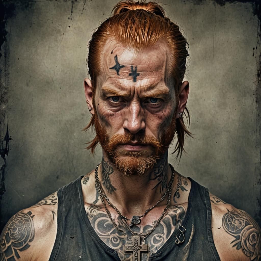 Hyperrealistic Portrait of a Ginger-Bearded Man on Cross