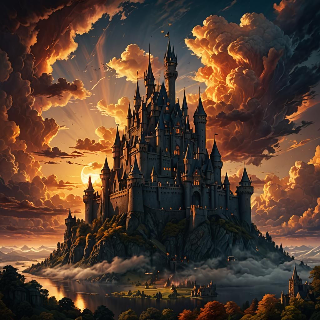 Dark Castle Floating in Sky at Sunset
