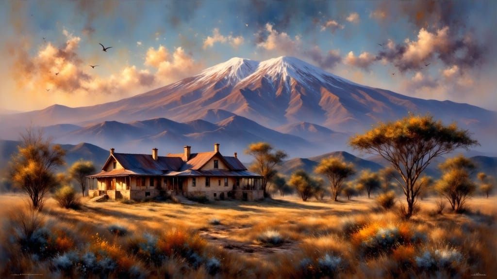 African Farmhouse on Savanna with Mt. Kilimanjaro at Sunset
