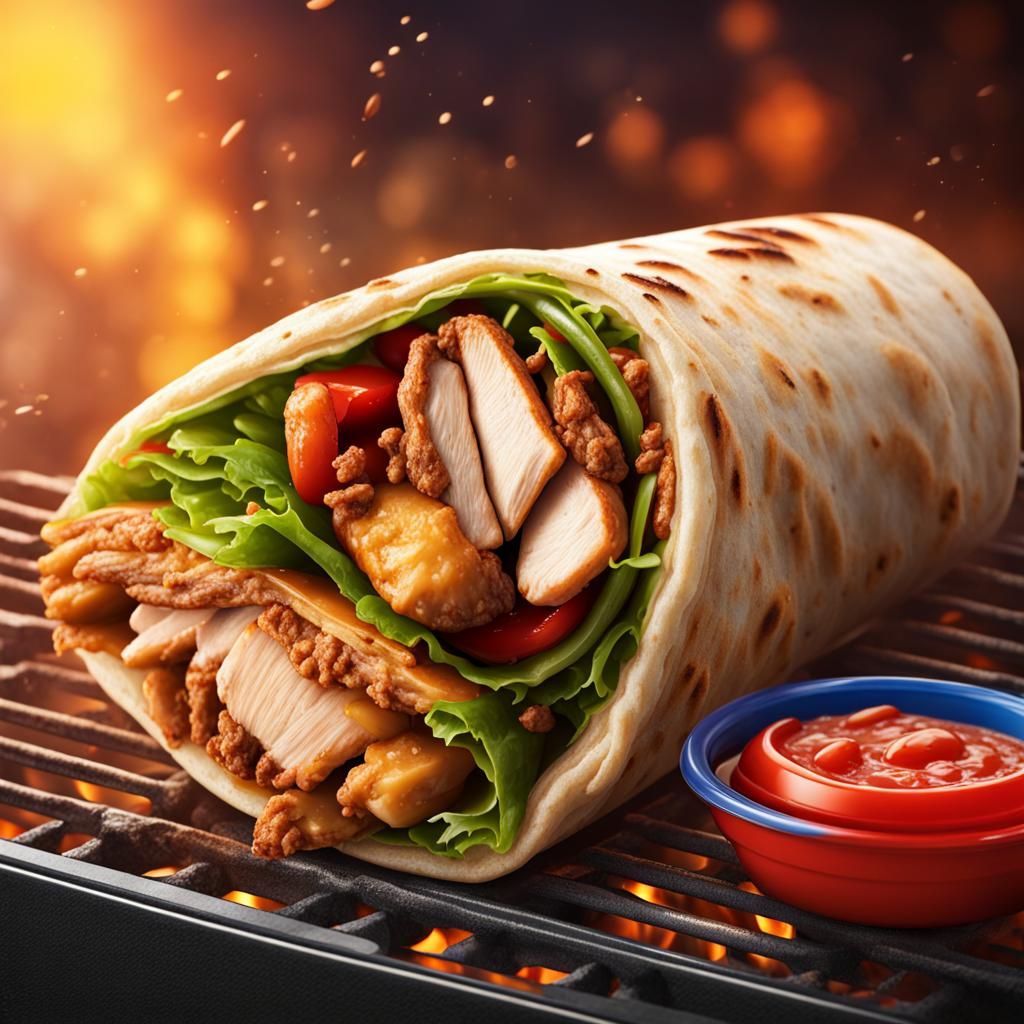 shawarma,chicken wrap, arabic fast food with meat and vegetables in pita bread, meal on the grill of shawarma,