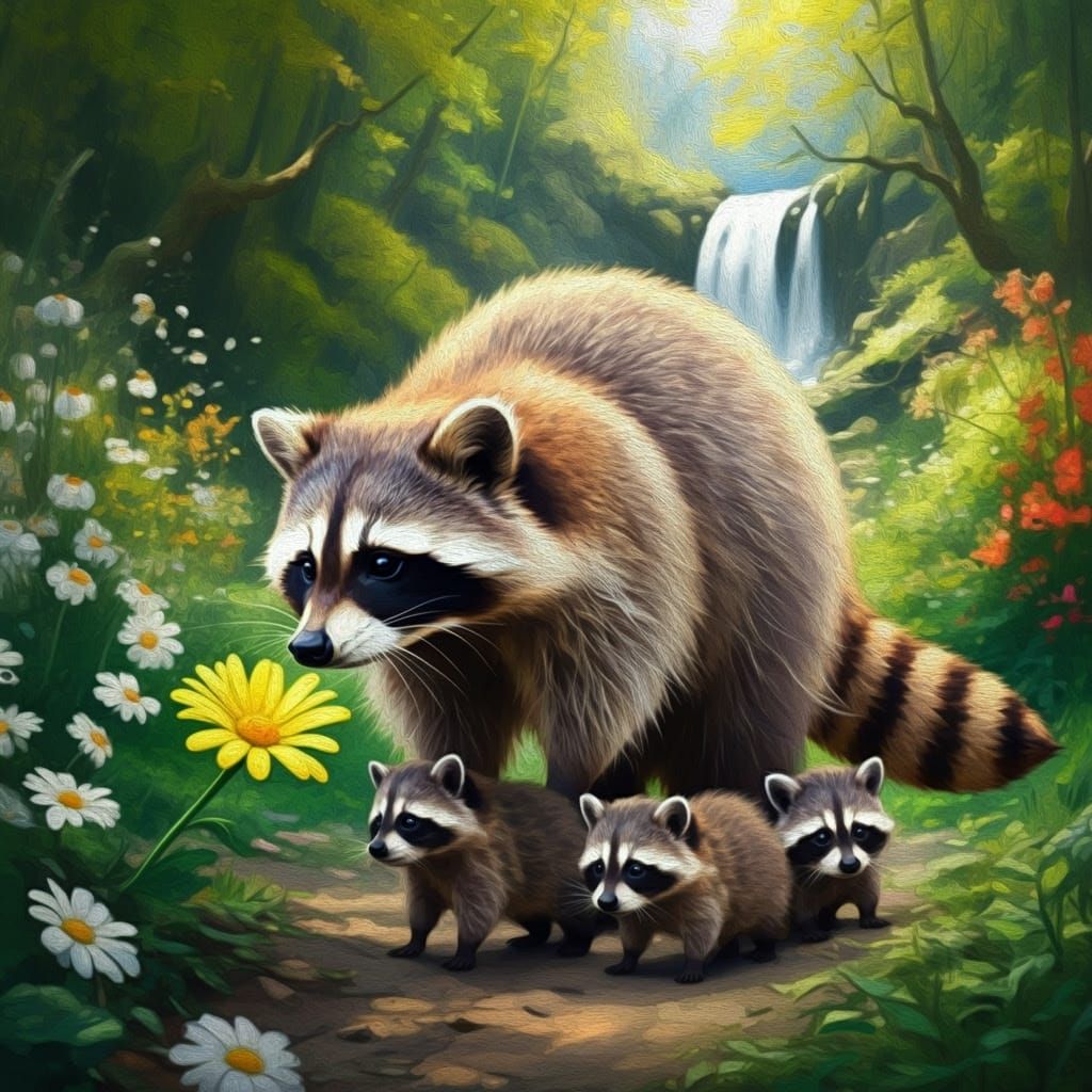 Mama Raccoon And Her Kits